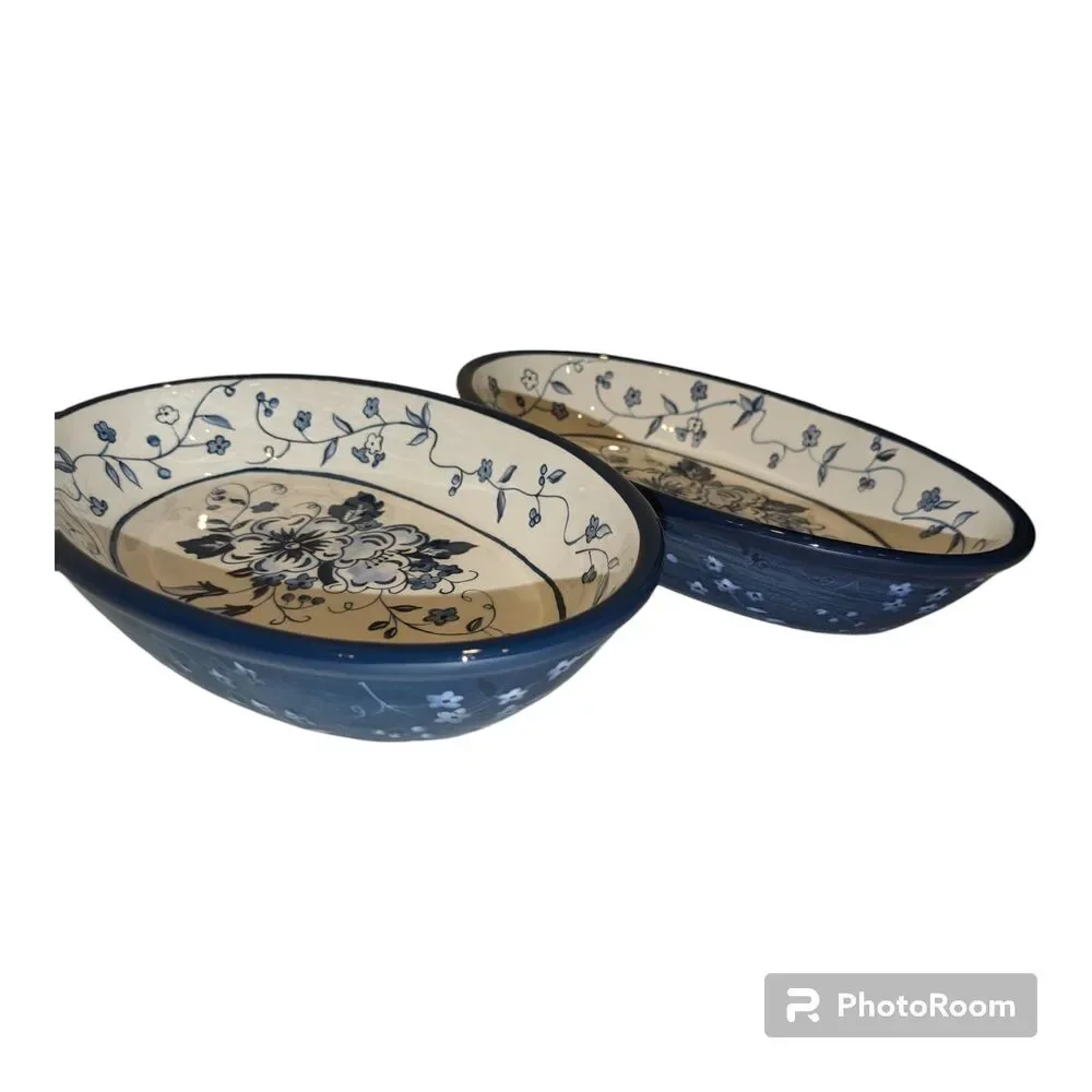 Lang Serving Bowls Earthenware Floral Blues Oval  set of 2 Blue white 9.75